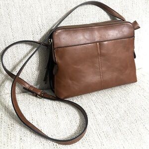 Brown soft faux Leather Crossbody Bag. Small but super roomy.